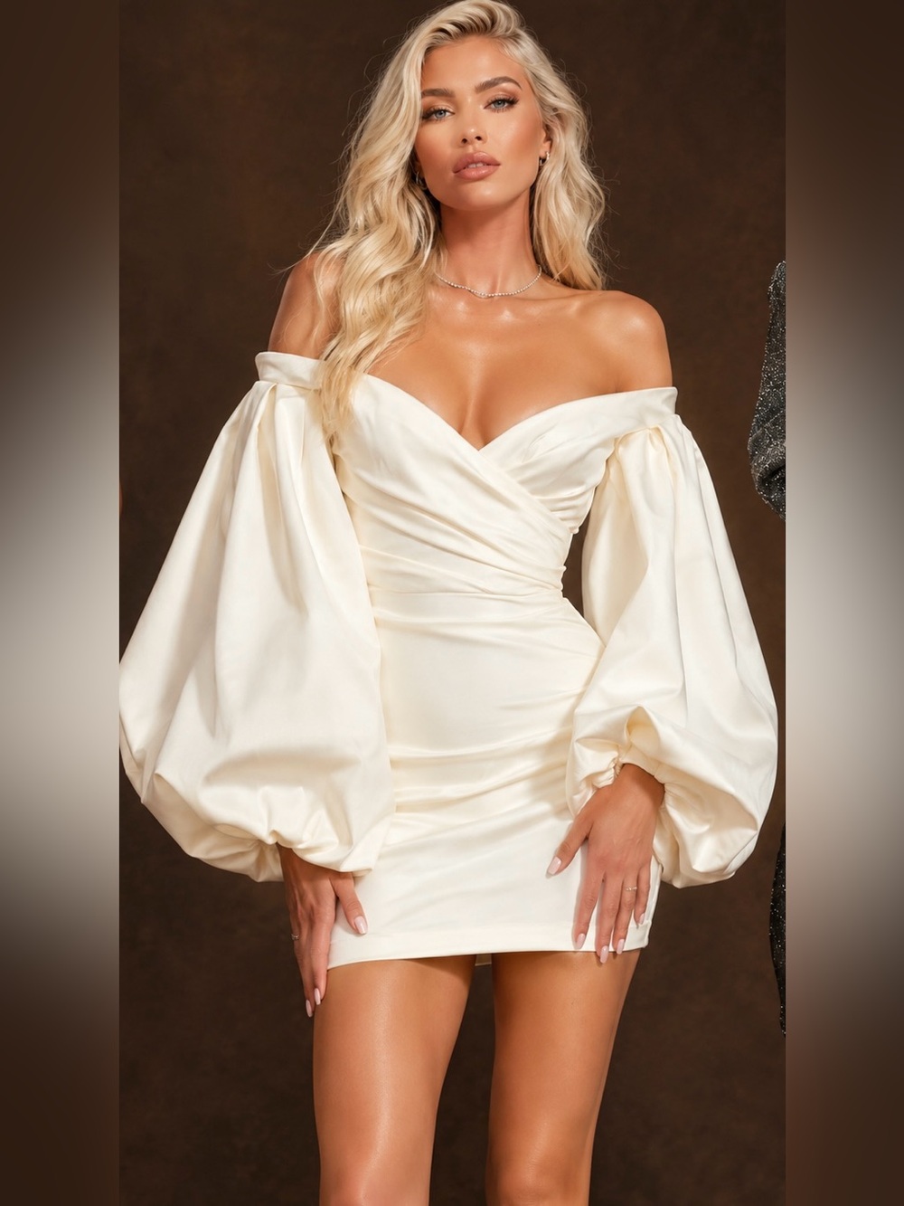 House of CB Off-Shoulder Cream Puff-Sleeve Mini Dress